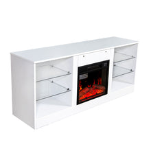 Cargar imagen en el visor de la galería, Modern Fireplace TV Stand Entertainment Center for TVs up to 62 Inch with 18 Inch Electric Fireplace Heater, Adjustable Glass Shelves and Storage Cabinets (White)
