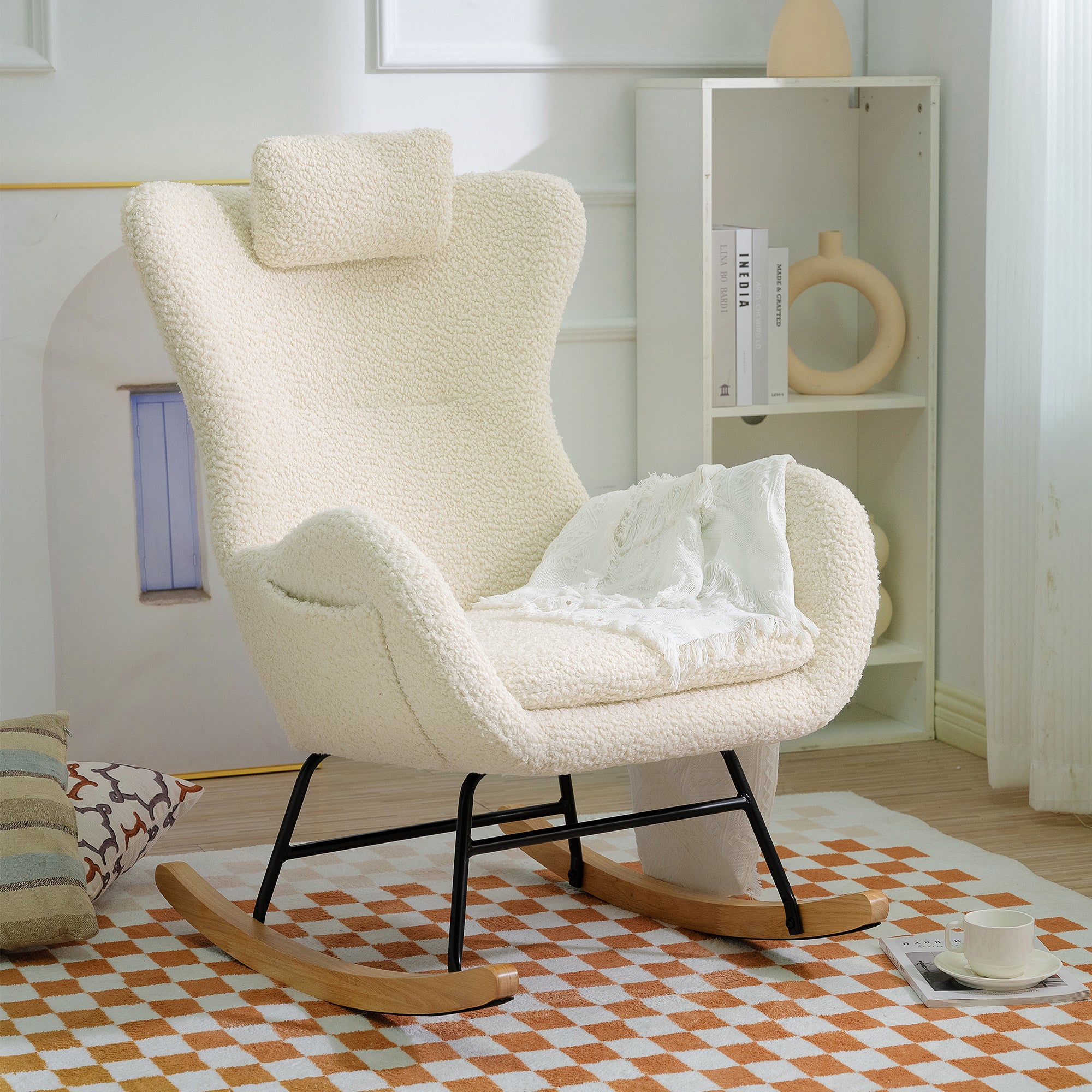 Adjustable Headrest & Pocket Teddy Upholstered Nursery Rubberwood Rocking Chair with High Backrest, Beige