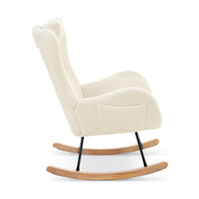 Charger l&#39;image dans la galerie, Adjustable Headrest &amp; Pocket Teddy Upholstered Nursery Rubberwood Rocking Chair with High Backrest, Beige
