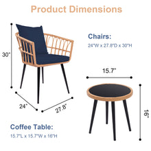 Charger l&#39;image dans la galerie, 3 Piece Bistro Outdoor Patio Furniture Set with PE Rattan Glass Top Coffee Table &amp; 2 Lumbar Cushioned Chairs (Dark Blue)
