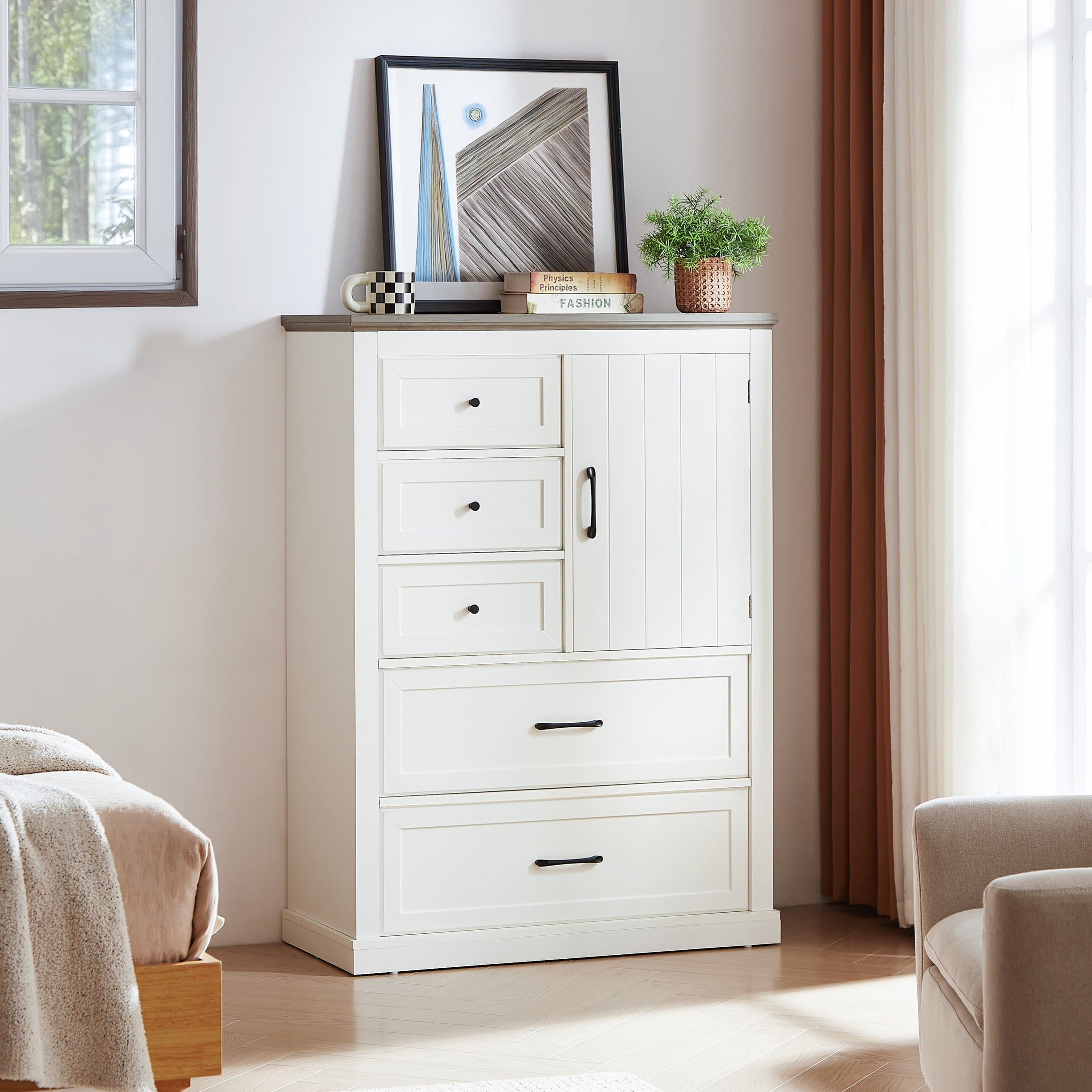 Farmhouse Rustic Wood 5 Drawer Tall Chest of Drawers, White