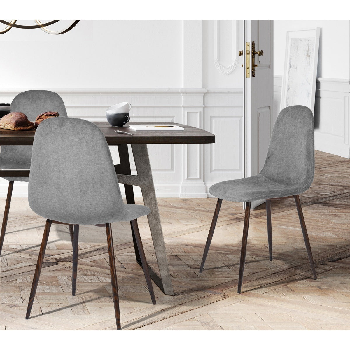 Set of 4 Scandinavian Velvet Dining Chairs, Light Grey