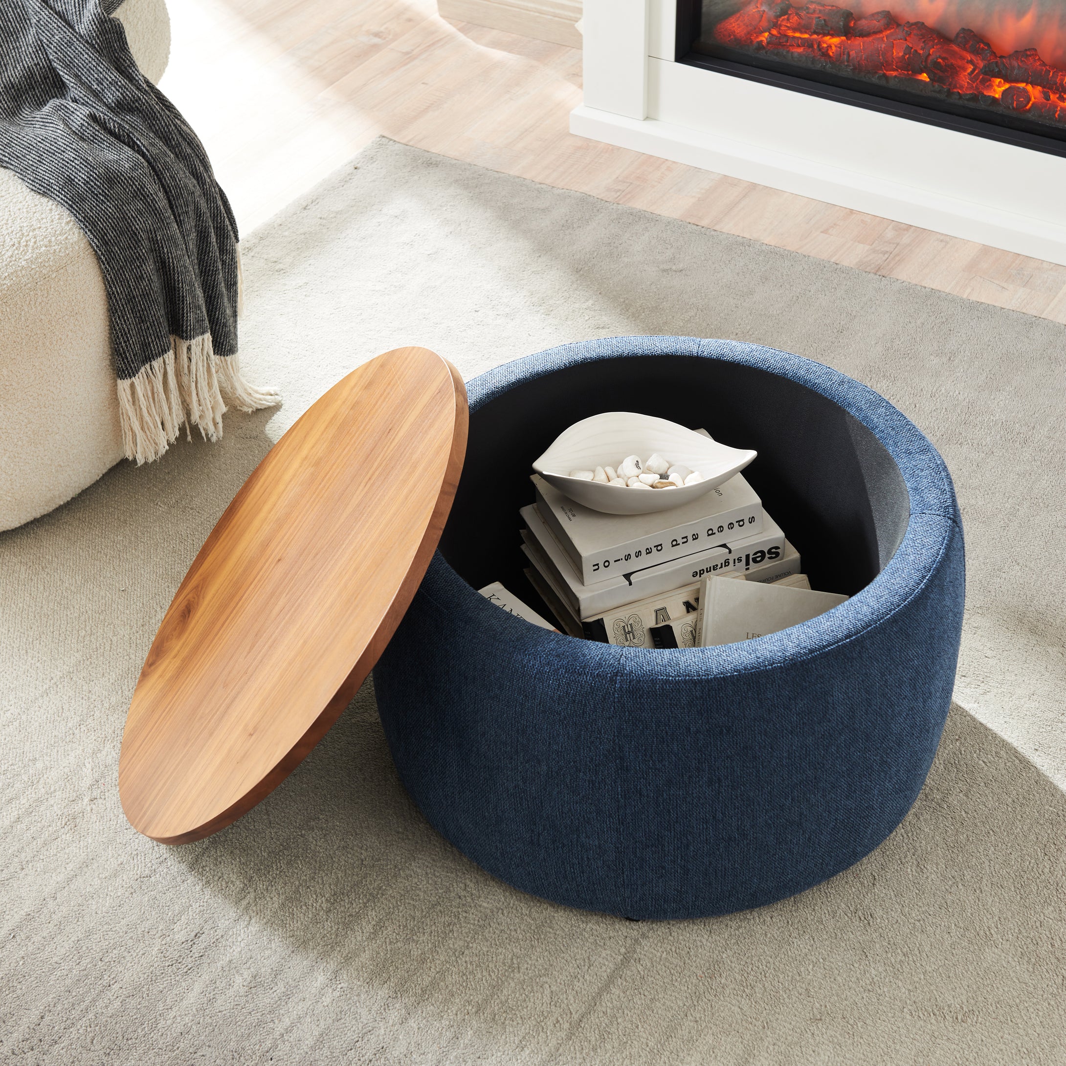 Round Storage Ottoman, 2 in 1 Function, Works as End Table or Ottoman, Navy