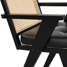 Charger l&#39;image dans la galerie, Mid-Century Accent Arm Chair with Handcrafted Rattan Backrest and Padded Seat (Black)

