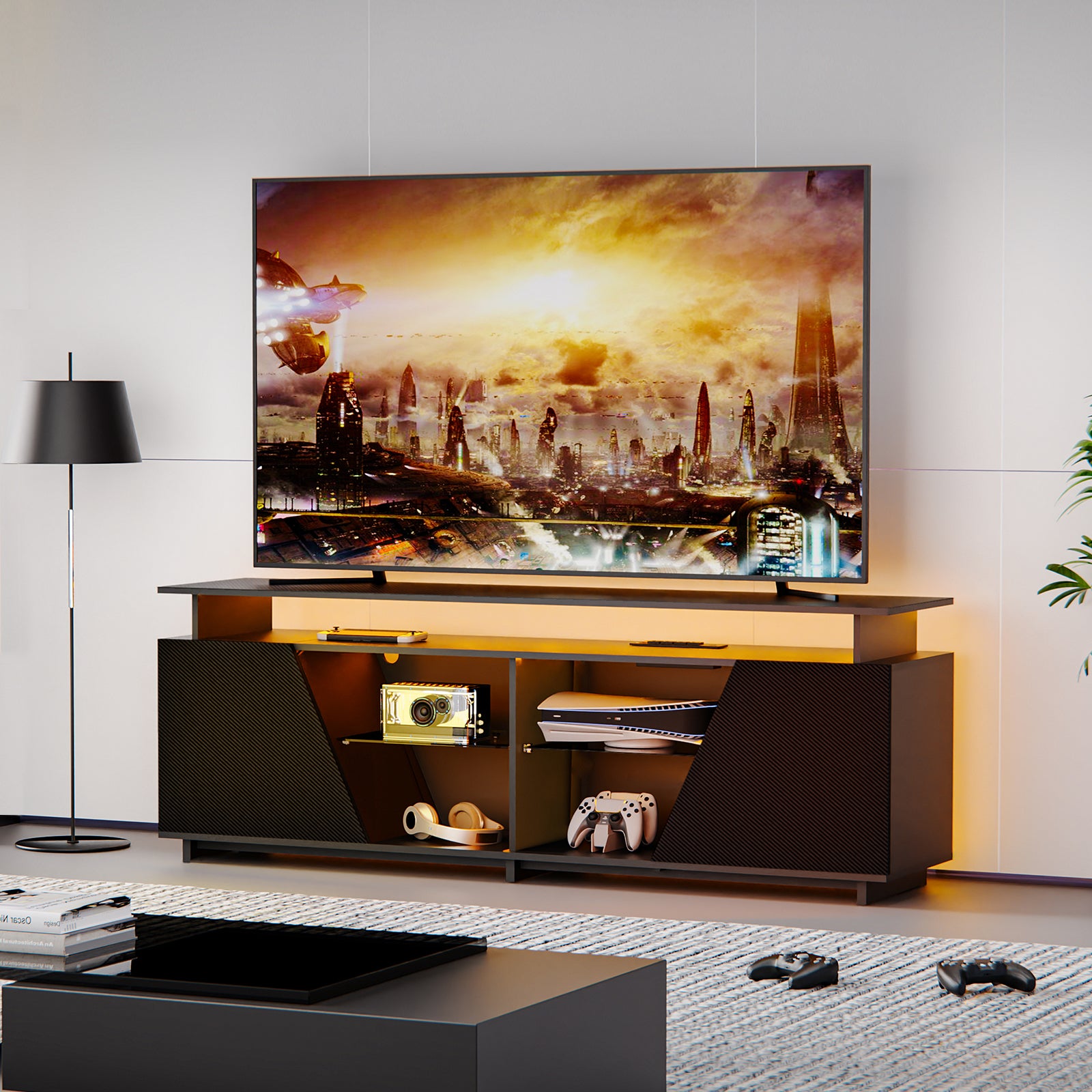 LED PS5 Entertainment Center with Power Outlet for TVs 75 inch and Below