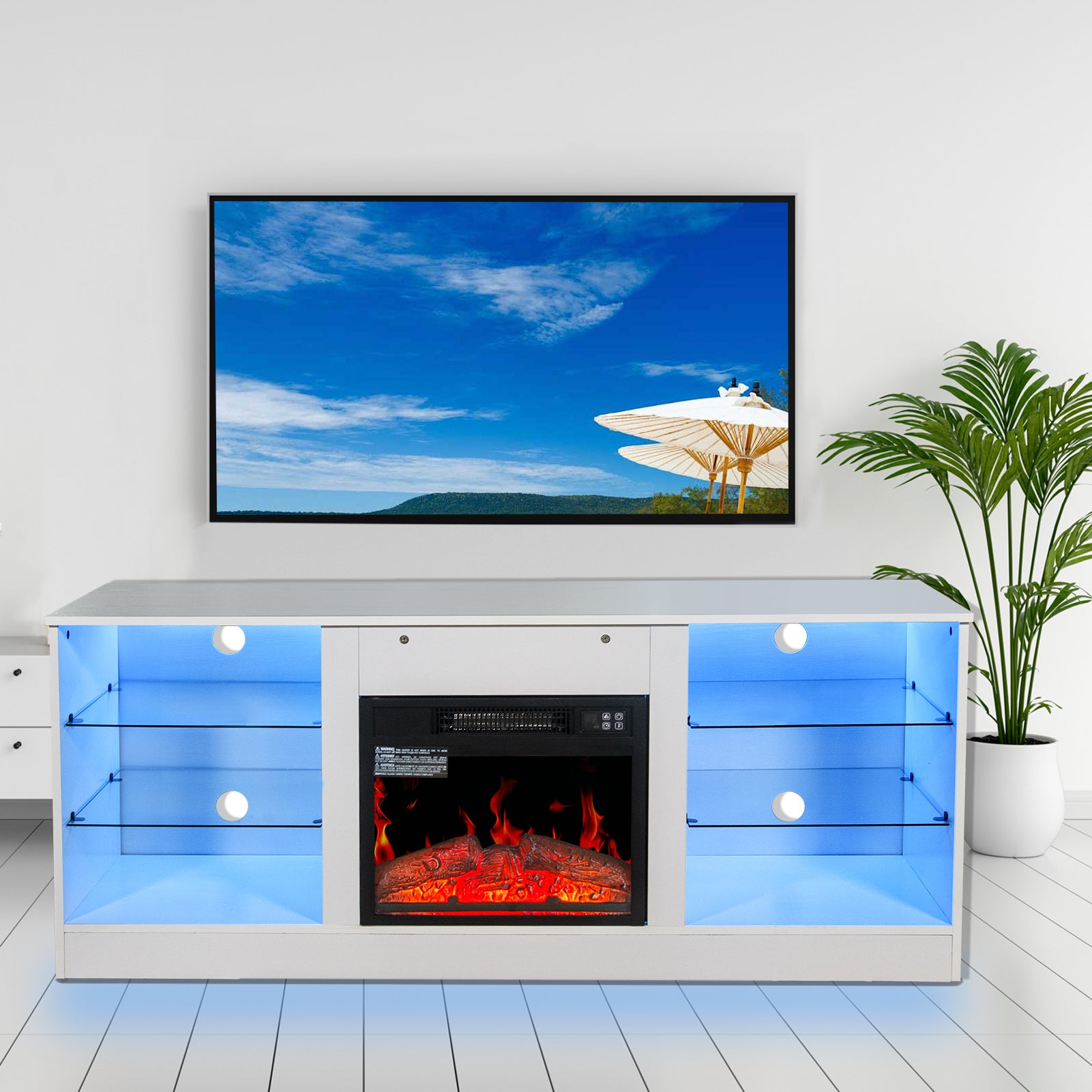 Modern Fireplace TV Stand Entertainment Center for TVs up to 62 Inch with 18 Inch Electric Fireplace Heater, Adjustable Glass Shelves and Storage Cabinets (White)