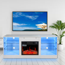 Charger l&#39;image dans la galerie, Modern Fireplace TV Stand Entertainment Center for TVs up to 62 Inch with 18 Inch Electric Fireplace Heater, Adjustable Glass Shelves and Storage Cabinets (White)
