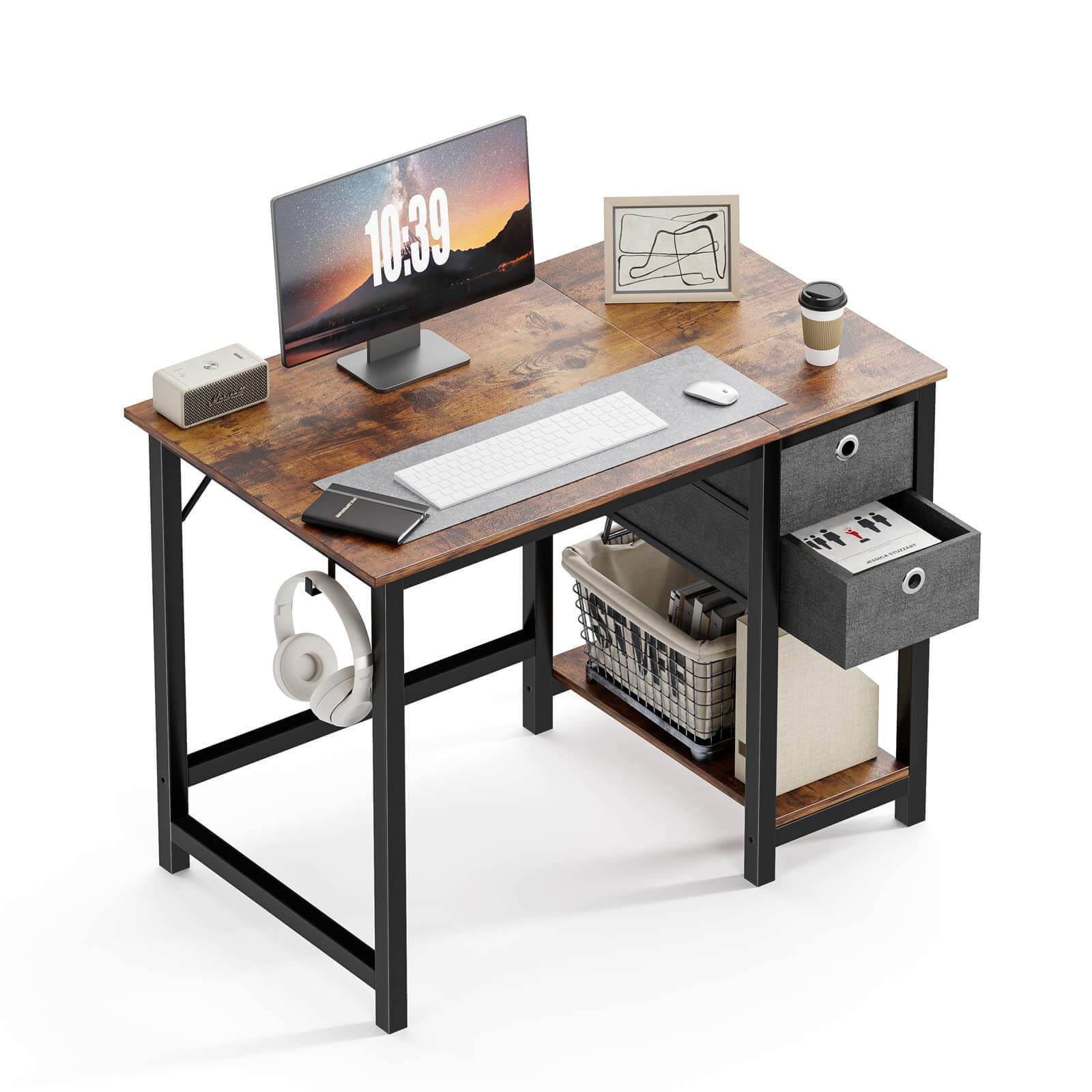 Modern Style Home Office Writing Desk with 2-Tier Drawers, Vintage Rustic