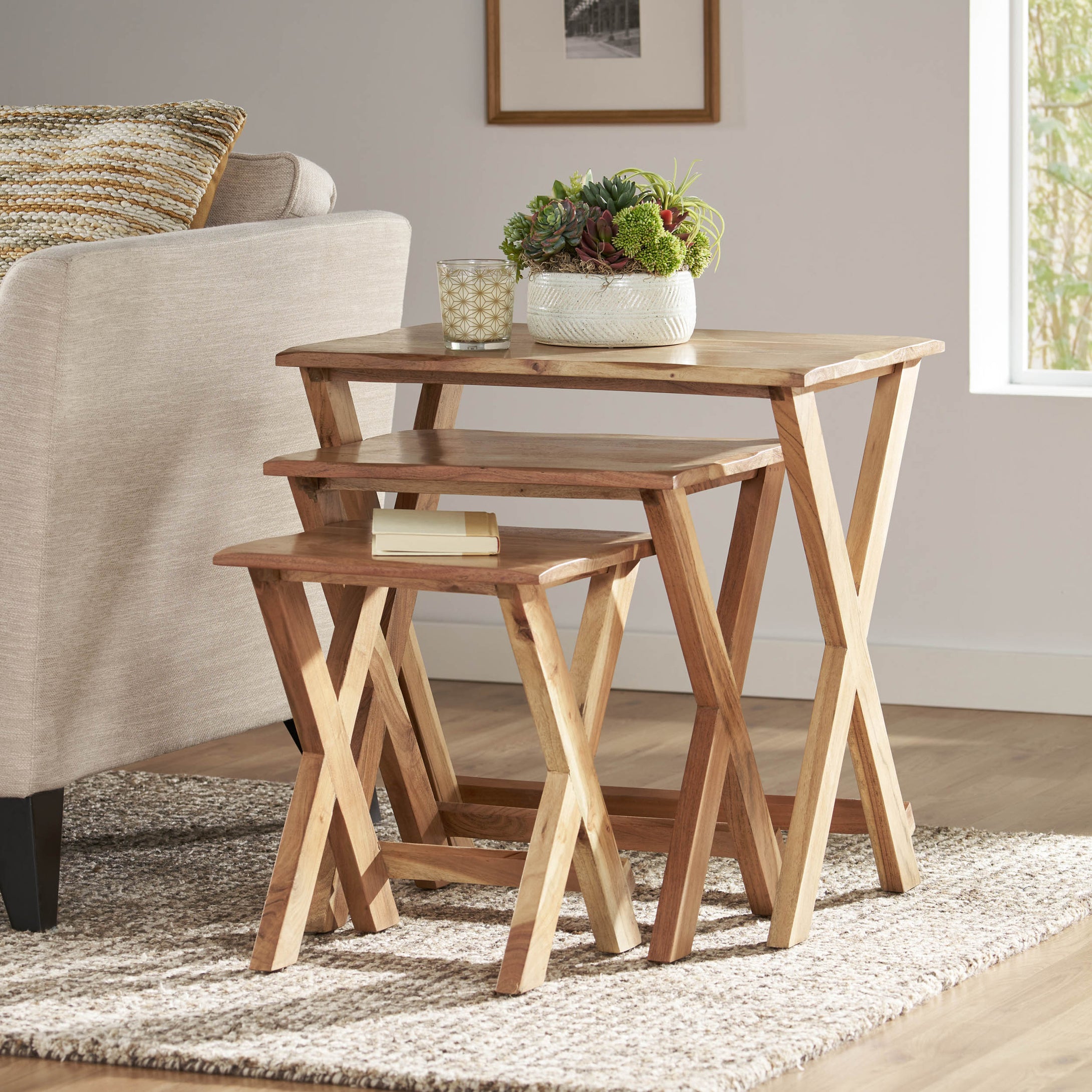Set of 3 Rustic Style Nesting End Tables, Natural Color