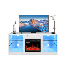 Load image into Gallery viewer, Modern Fireplace TV Stand Entertainment Center for TVs up to 62 Inch with 18 Inch Electric Fireplace Heater, Adjustable Glass Shelves and Storage Cabinets (White)
