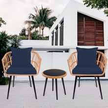 Cargar imagen en el visor de la galería, 3 Piece Bistro Outdoor Patio Furniture Set with PE Rattan Glass Top Coffee Table &amp; 2 Lumbar Cushioned Chairs (Dark Blue)
