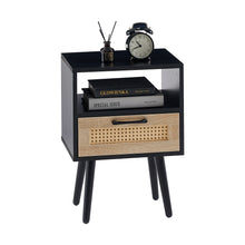 Load image into Gallery viewer, 15.75&quot; Modern Rattan Nightstand with Drawer and Solid Wood Legs (Black)
