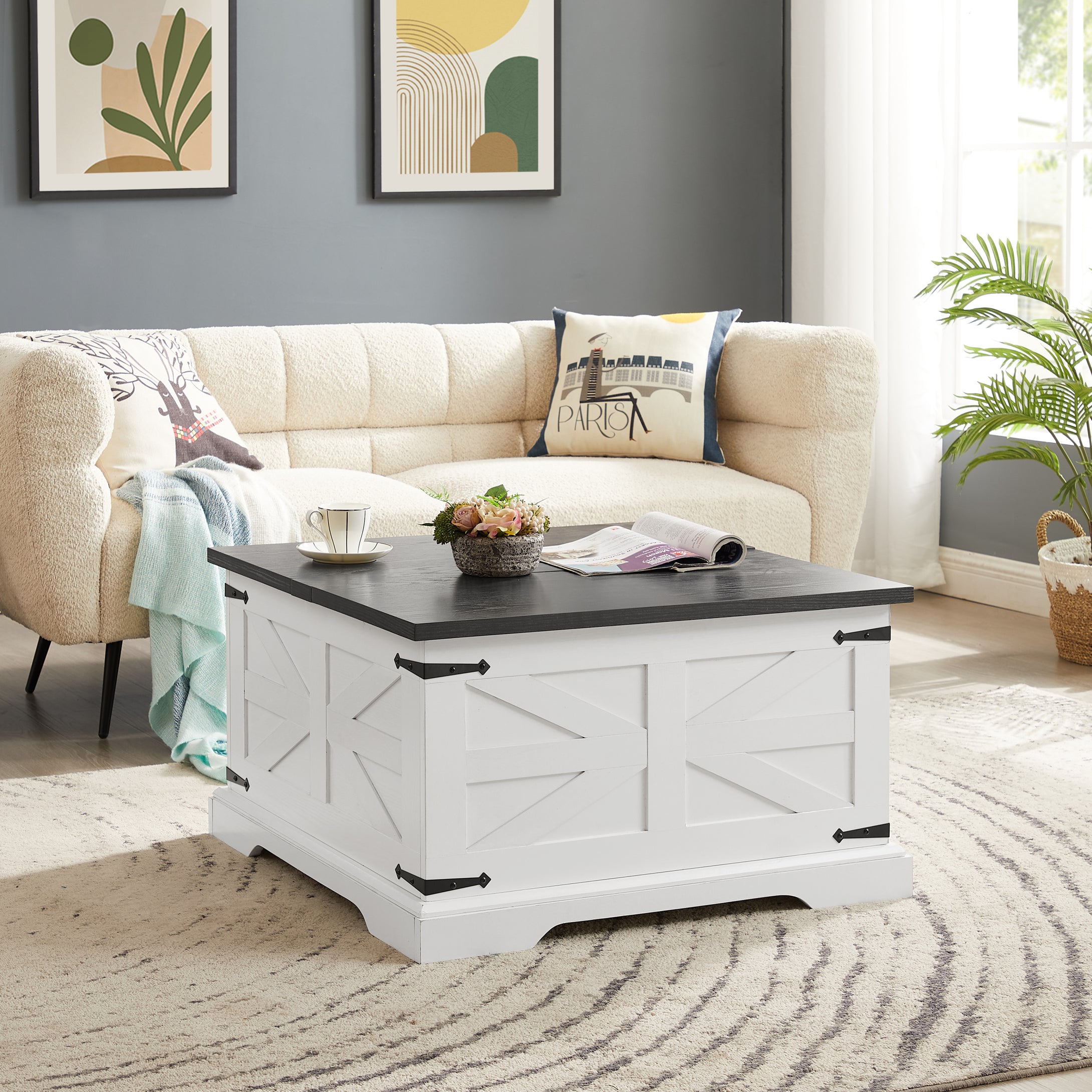 Square Wood Rustic Farmhouse Coffee Table with Large Hidden Storage Compartment and Hinged Lift Top (White)
