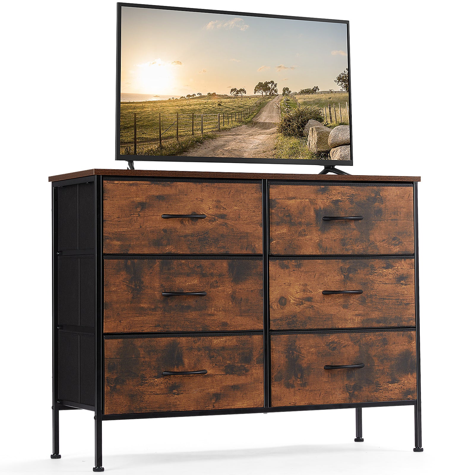 Sweetcrispy 6 Drawer Dresser with Metal Frame and Wooden Top for TV, Brown