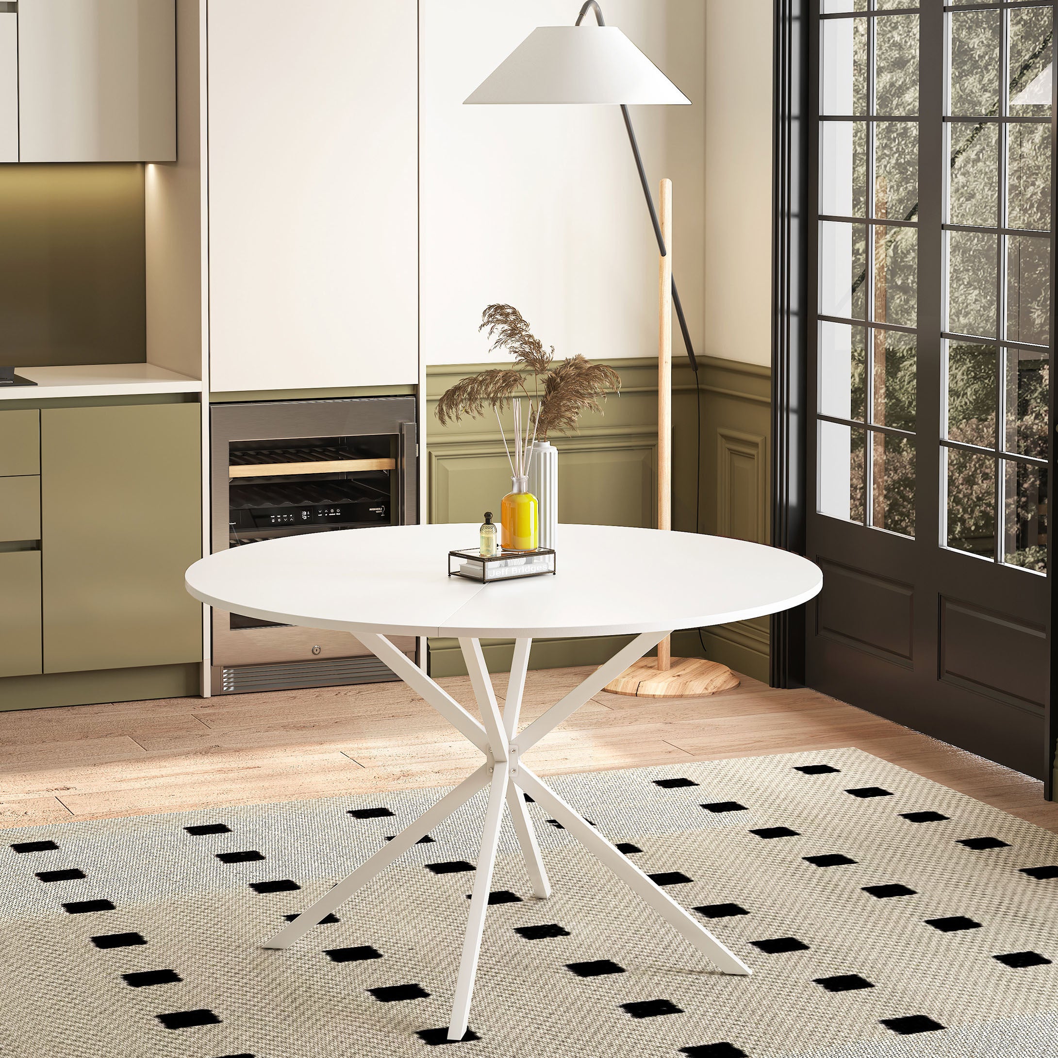 47.24'' Modern Cross Leg Round Two Piece Removable White Top Occasional Dining Table with Iron Legs, Matte Finish