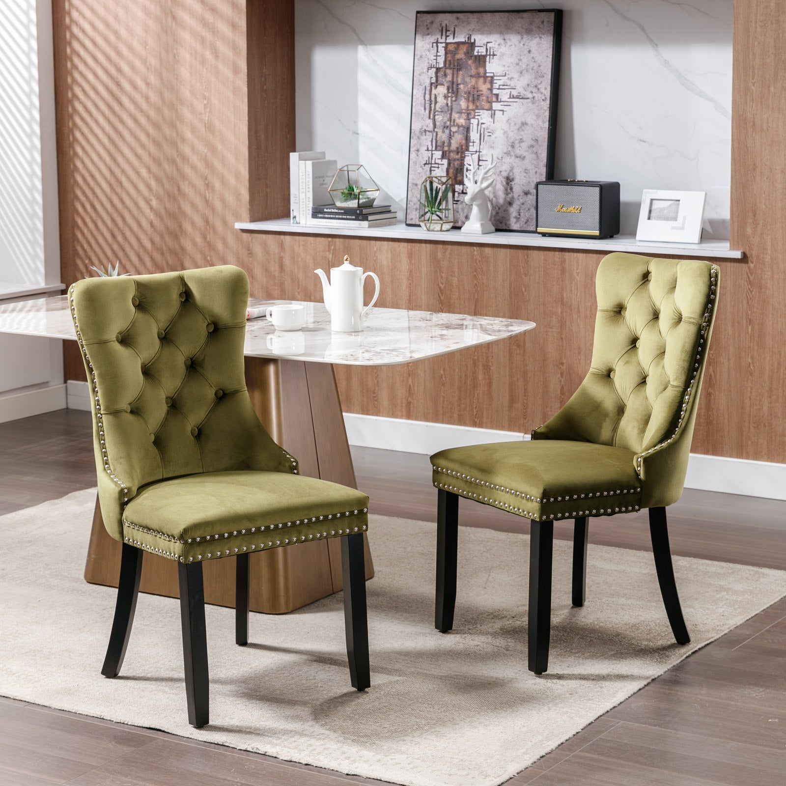 High-end Tufted Solid Wood Contemporary Velvet Upholstered Dining Chair with Wood Legs Nailhead Trim 2-Pcs Set, Olive Green