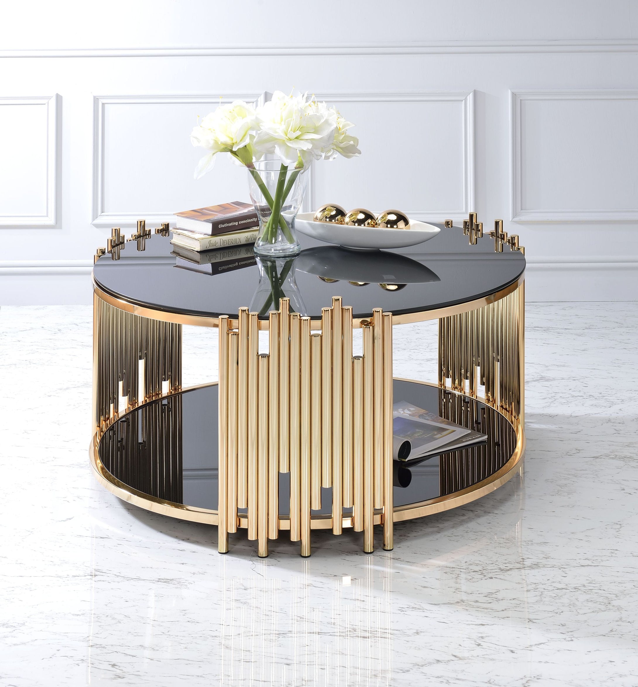 ACME Tanquin Round Drum Coffee Table in Gold & Black Glass