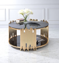 Load image into Gallery viewer, ACME Tanquin Round Drum Coffee Table in Gold &amp; Black Glass
