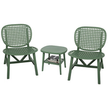 Load image into Gallery viewer, 3 Piece Hollow Design Retro Outdoor Patio Table and Lounge Chairs Furniture Set with Open Shelf and Widened Seats (Green)
