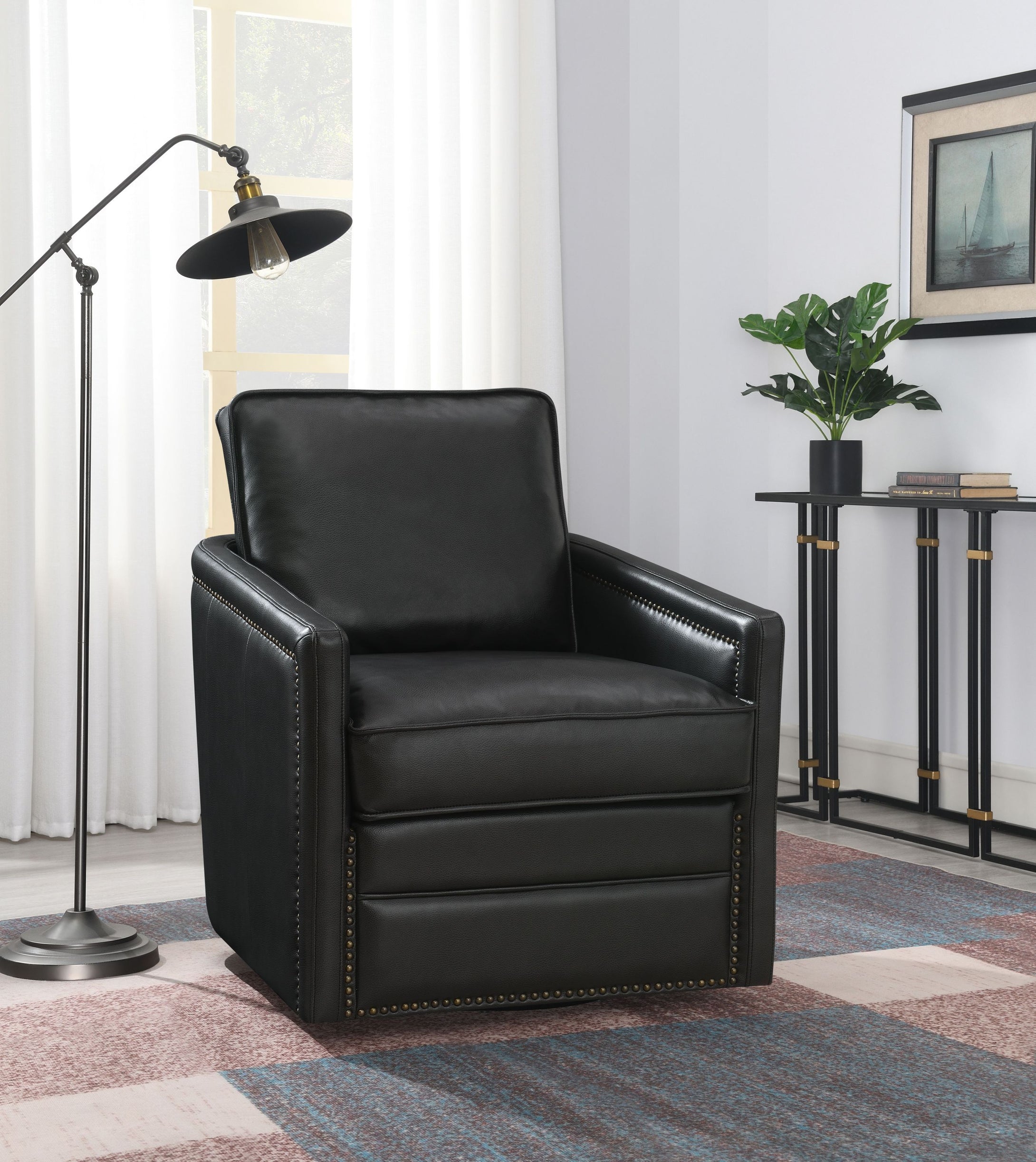 ACME Rocha Leather Accent Armchair with Swivel, Black Leather Aire