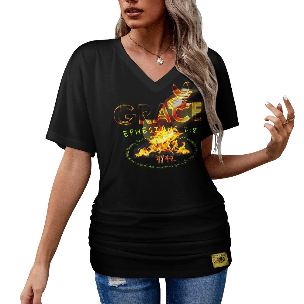 Grace 101-01 Camiseta plisada con cuello en V de diseñador para mujer (4 colores) 