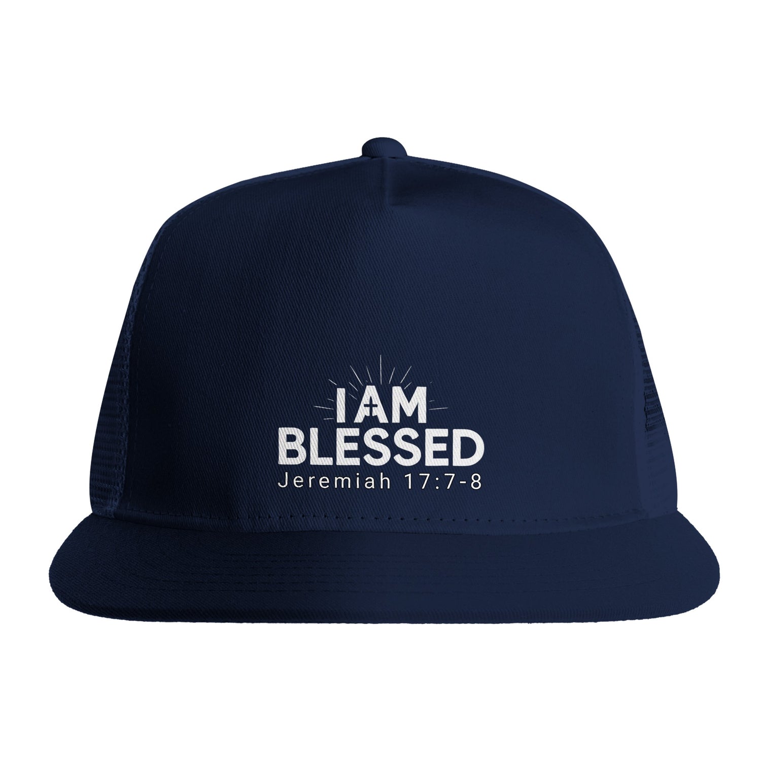 I AM BLESSED Navy Trucker Hat with Jeremiah 17:7-8 Scripture Reference