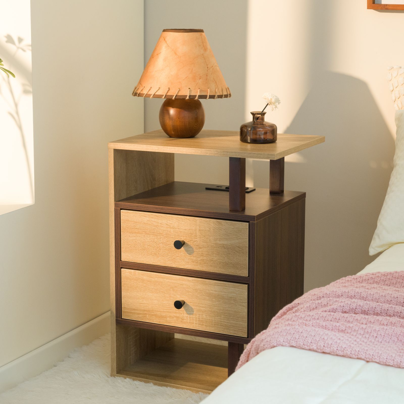Nightstand with 2 Drawers, USB Ports & Outlet Charging Station (Walnut Color)