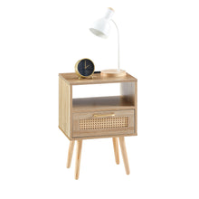 Load image into Gallery viewer, 15.75&quot; Modern Rattan Nightstand with Power Outlet, USB Ports, Drawer and Solid Wood Legs (Natural)
