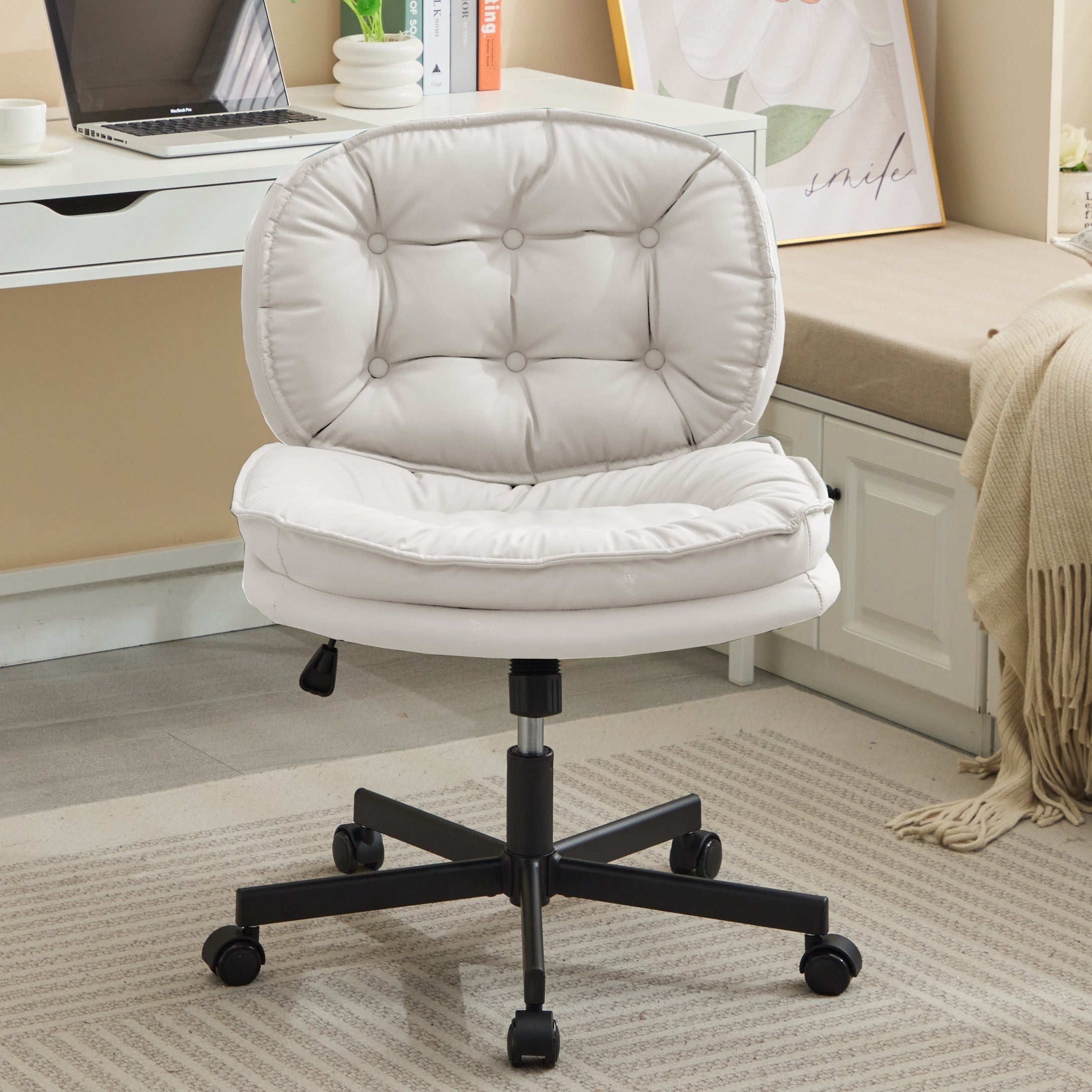 Adjustable Armless Wide PU Leather Swivel Office Chair, Creamy White