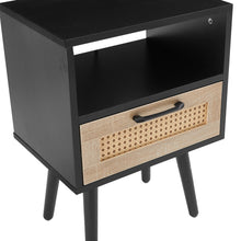 Carica l&#39;immagine nel visualizzatore di Gallery, 15.75&quot; Modern Rattan Nightstand with Drawer and Solid Wood Legs (Black)
