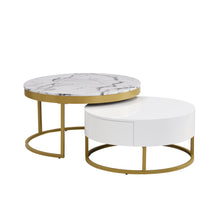 Cargar imagen en el visor de la galería, Modern Round Nesting Coffee Tables with 2 Drawers, Golden+White
