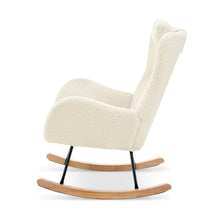 Cargar imagen en el visor de la galería, Adjustable Headrest &amp; Pocket Teddy Upholstered Nursery Rubberwood Rocking Chair with High Backrest, Beige
