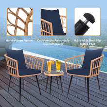 Charger l&#39;image dans la galerie, 3 Piece Bistro Outdoor Patio Furniture Set with PE Rattan Glass Top Coffee Table &amp; 2 Lumbar Cushioned Chairs (Dark Blue)
