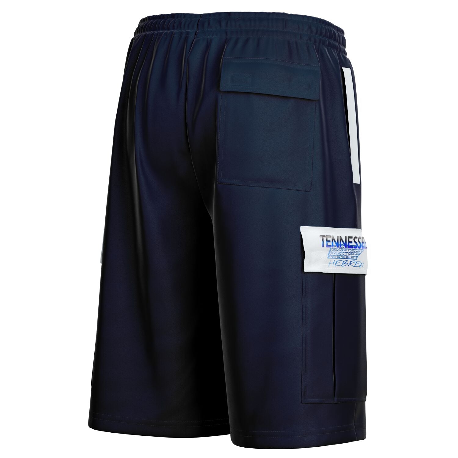 Rear view of navy cargo shorts highlighting two side cargo pockets with white flaps and one standard back pocket on the right side.