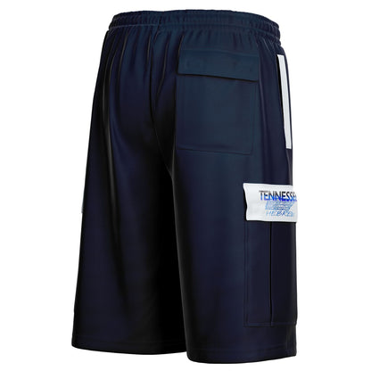 Rear view of navy cargo shorts highlighting two side cargo pockets with white flaps and one standard back pocket on the right side.