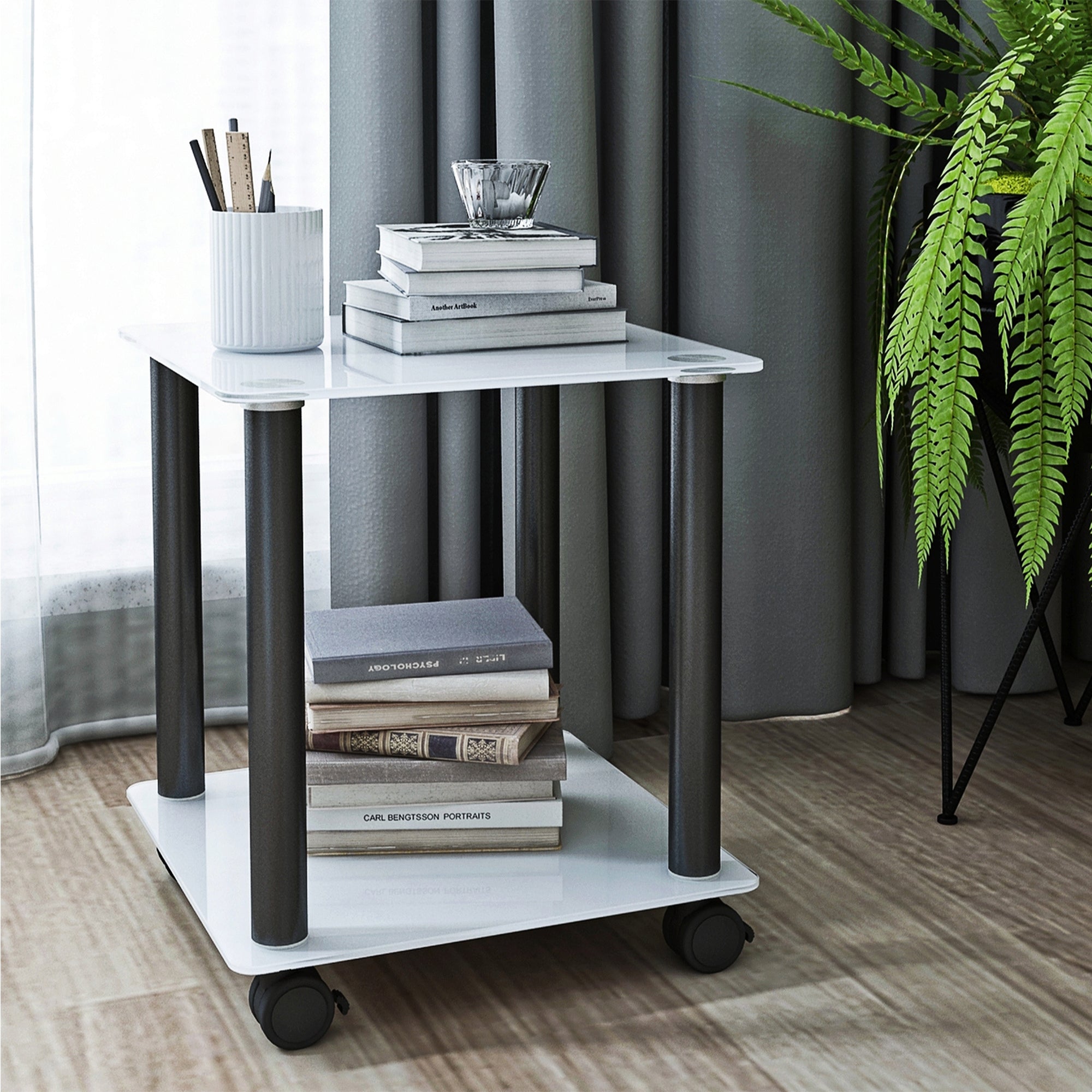 2-Tier End/Side Table with Storage Shelves, White+Black