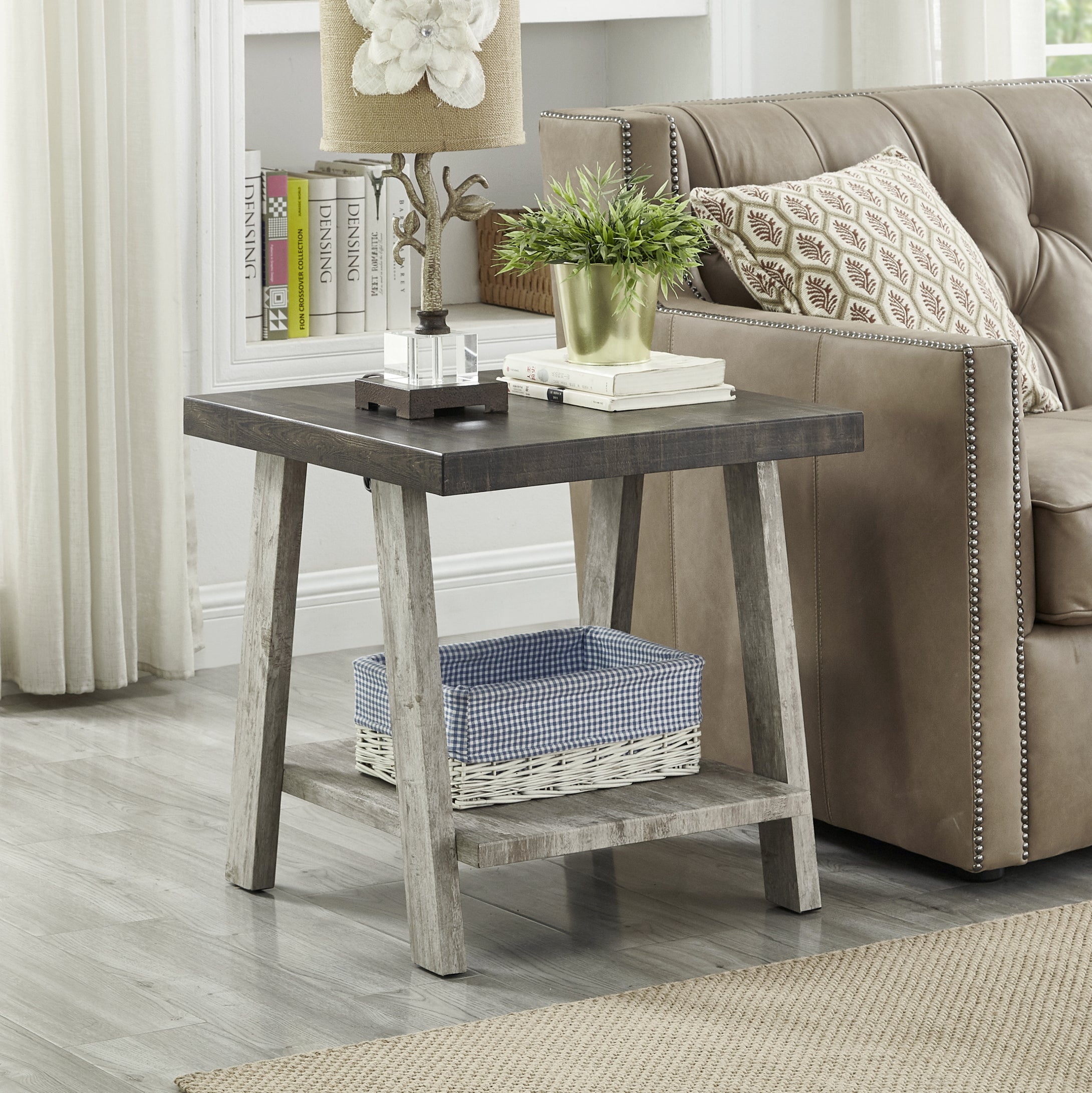 Athens Contemporary Two-Tone Wood Shelf End Table, Weathered Walnut and Gray