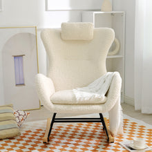 Cargar imagen en el visor de la galería, Adjustable Headrest &amp; Pocket Teddy Upholstered Nursery Rubberwood Rocking Chair with High Backrest, Beige
