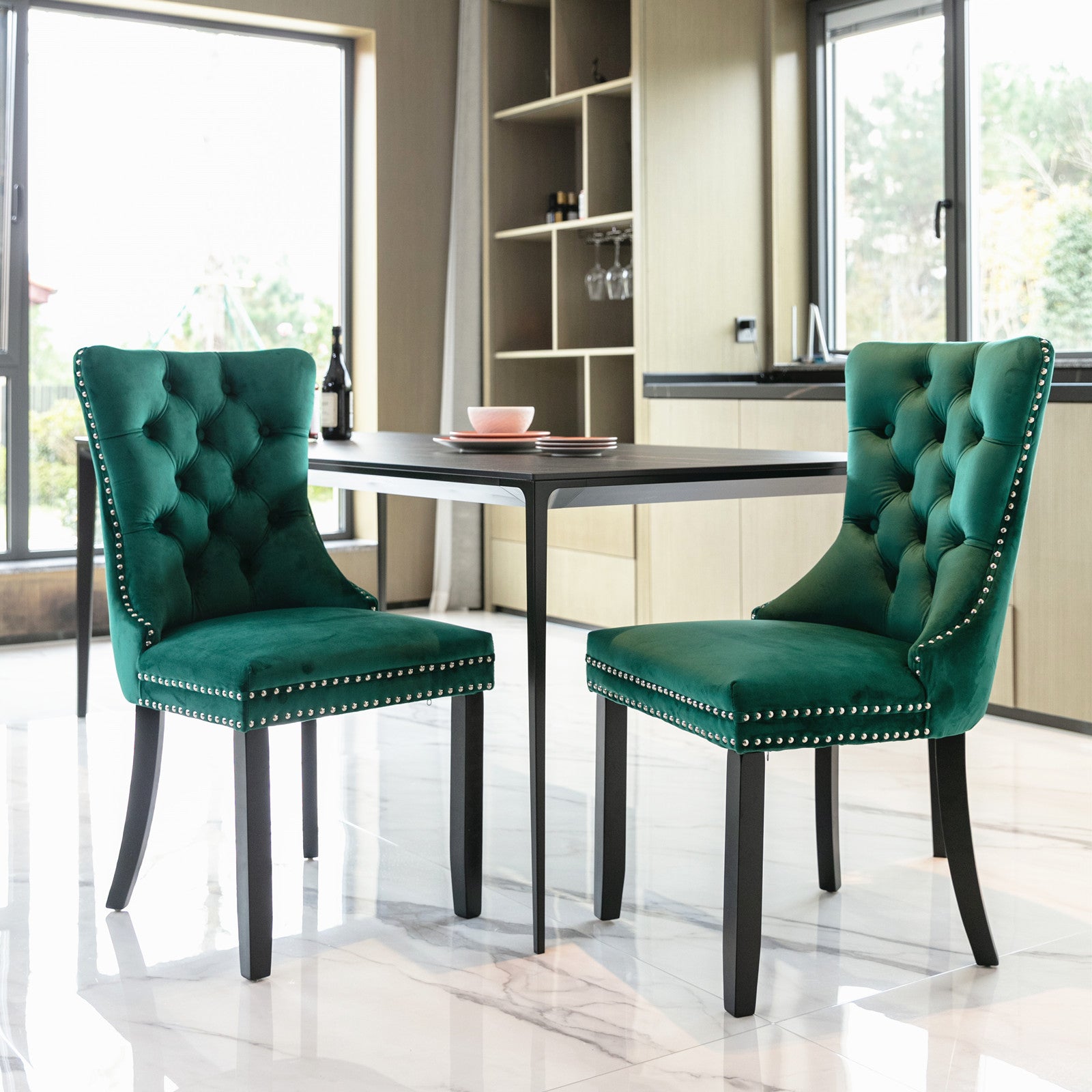 High-end Tufted Solid Wood Contemporary Velvet Upholstered Dining Chair with Wood Legs Nailhead Trim 2-Pcs Set, Green