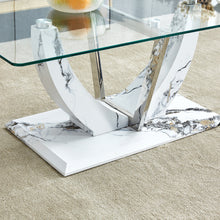Load image into Gallery viewer, Transparent Tempered Glass 43 inch Coffee Table with Marble Patterned MDF Legs and Stainless Steel Decorative Columns
