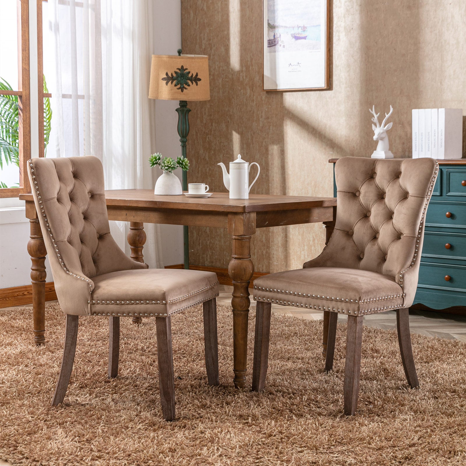 High-end Tufted Solid Wood Contemporary Velvet Upholstered Dining Chair with Wood Legs Nailhead Trim 2-Pcs Set, Khaki