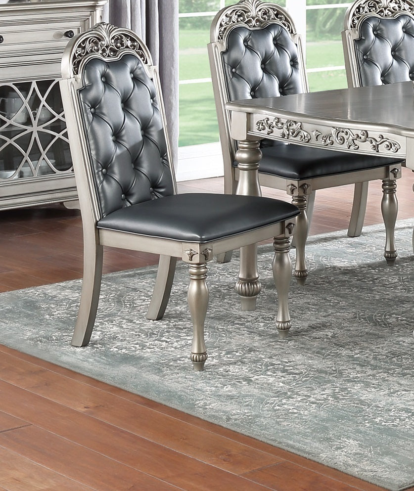 Upholstered Antiqued Tufted Back Kitchen & Dining Room Chairs, Set of 2, Grey+ Silver Finish