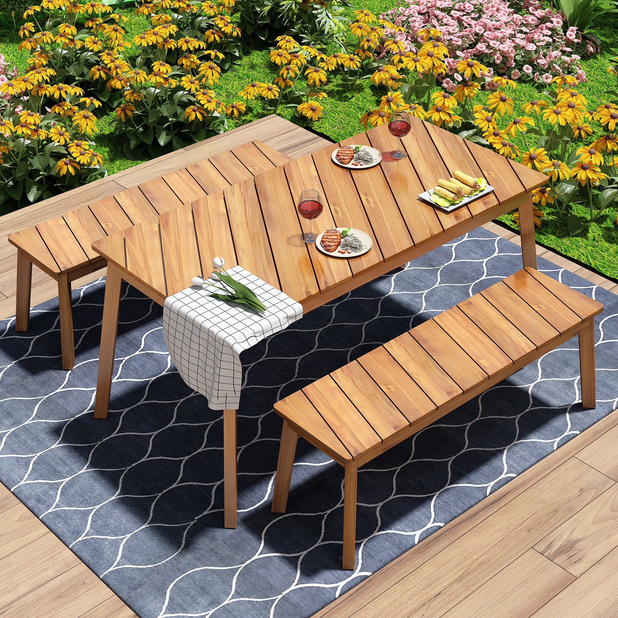 GO 3 Pieces Acacia Wood Table & 2 Benches Indoor/Outdoor Patio/Porch Furniture Set, Natural