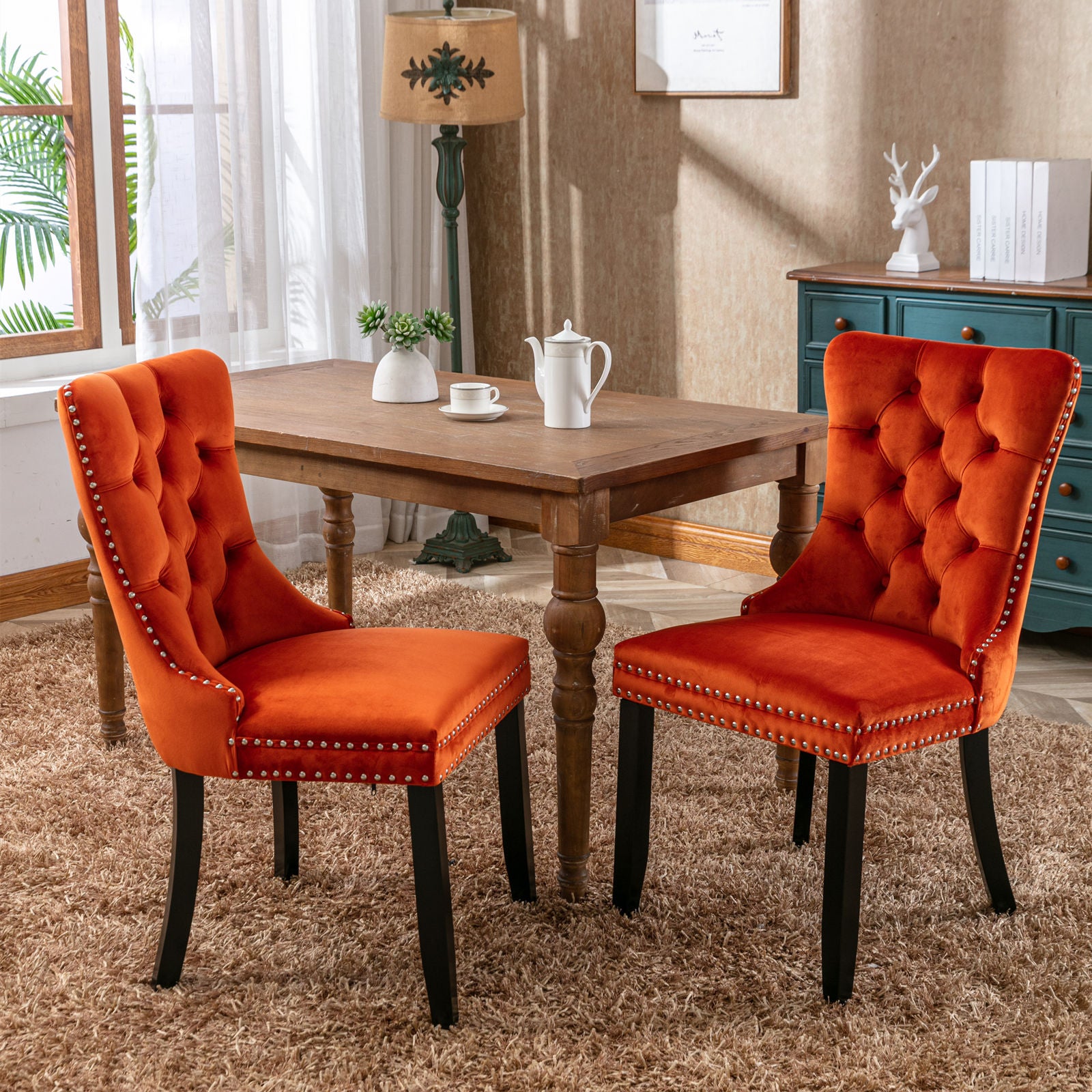 High-end Tufted Solid Wood Contemporary Velvet Upholstered Dining Chair with Wood Legs Nailhead Trim 2-Pcs Set, Orange