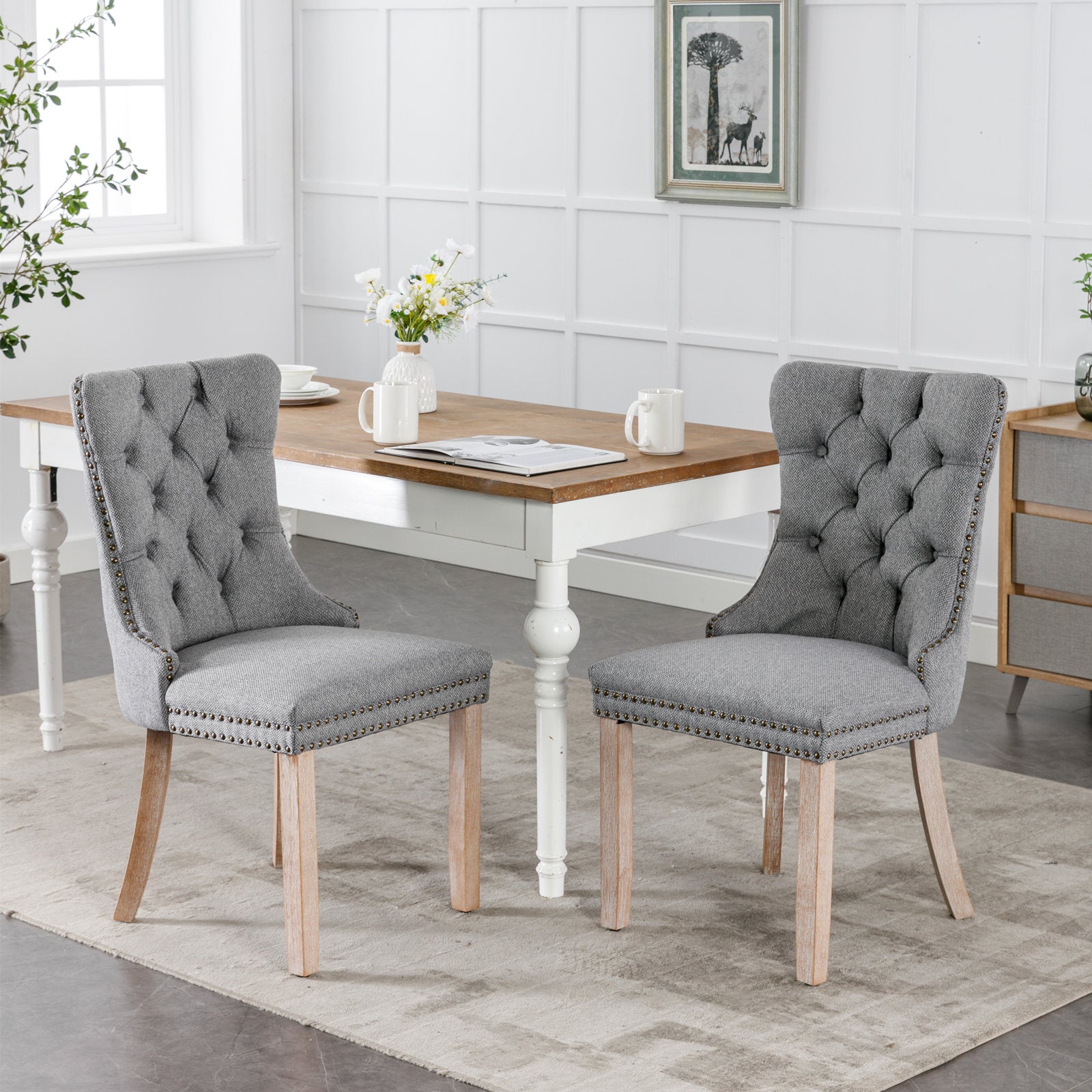 High-end Tufted Solid Wood Contemporary Flax Upholstered Linen Dining Chair with Wood Legs Nailhead Trim 2-Pcs Set, Gray