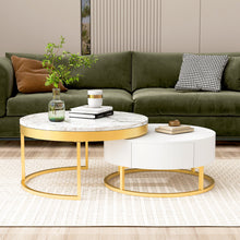 Cargar imagen en el visor de la galería, Modern Round Nesting Coffee Tables with 2 Drawers, Golden+White
