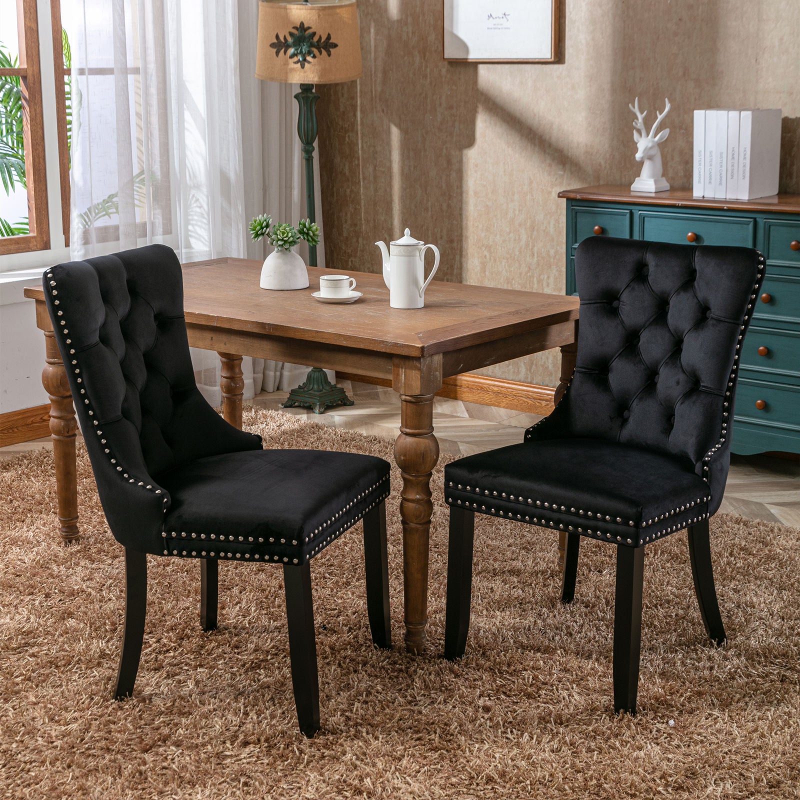 High-end Tufted Solid Wood Contemporary Velvet Upholstered Dining Chair with Wood Legs Nailhead Trim 2-Pcs Set, Black