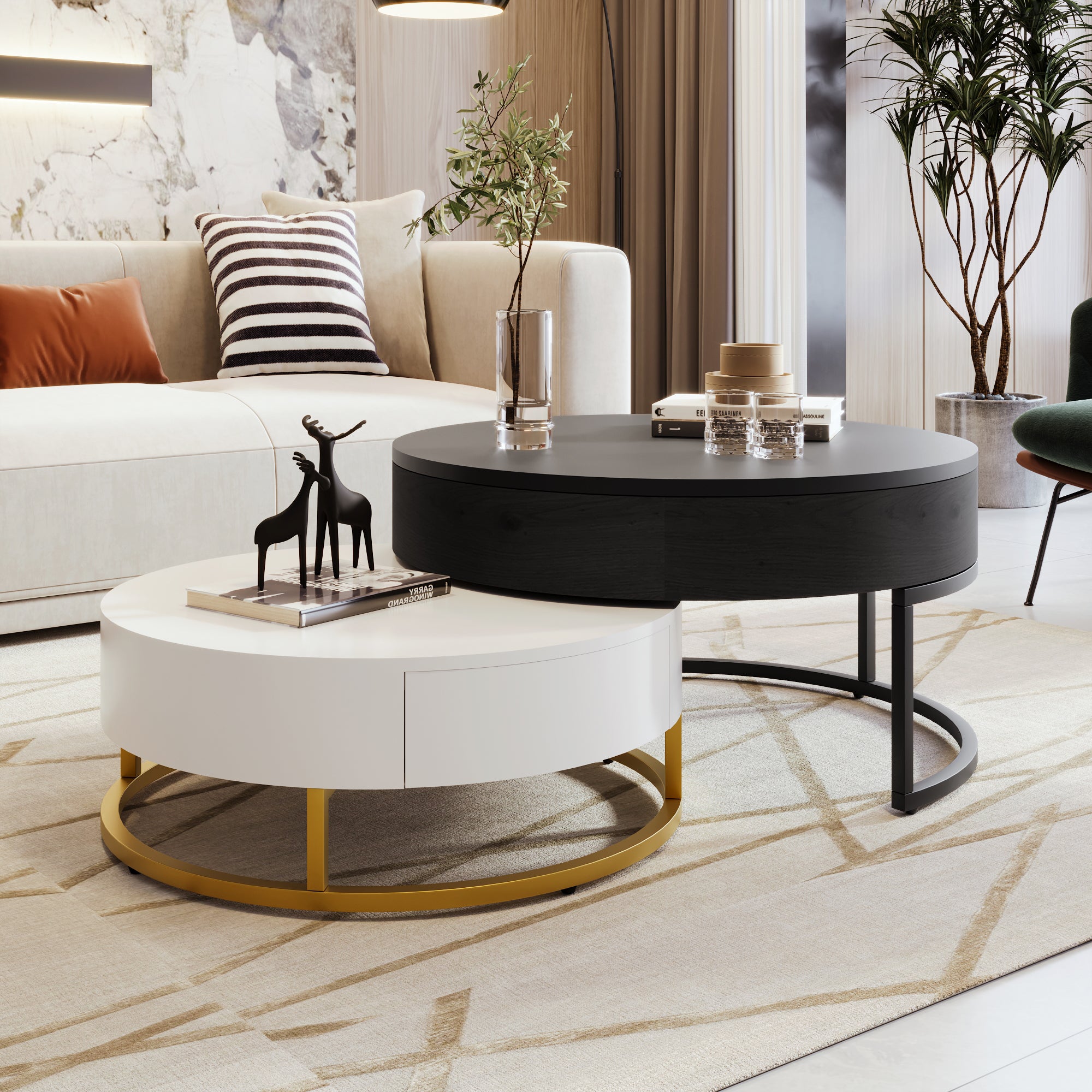 Modern Round Lift-top Nesting Coffee Tables with 2 Drawers, White & Black