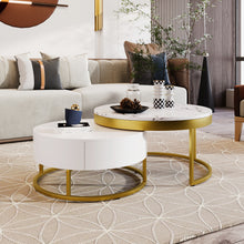 Cargar imagen en el visor de la galería, Modern Round Nesting Coffee Tables with 2 Drawers, Golden+White
