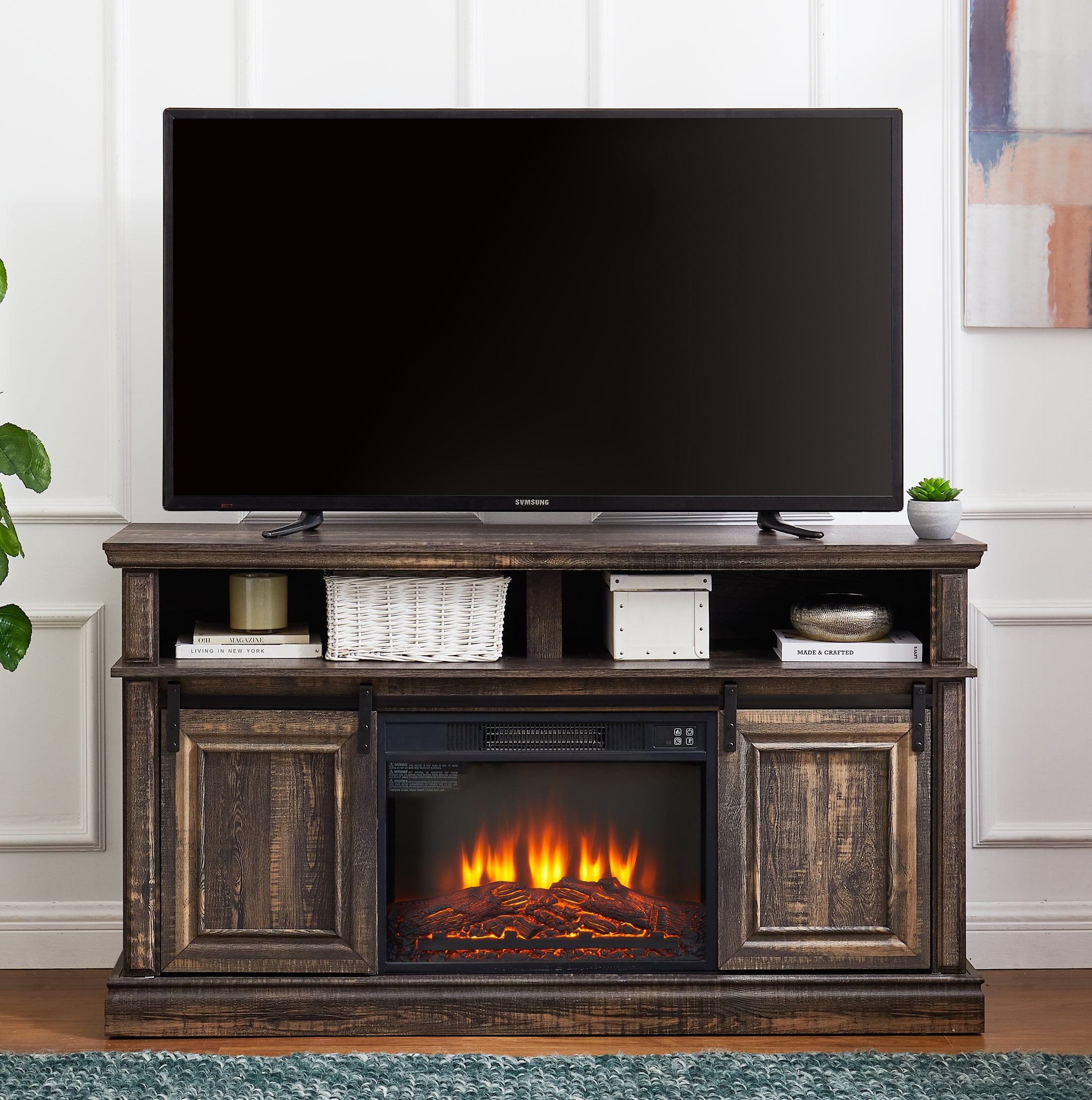 Mid Century Style Sliding Door Entertainment Center with Storage Cabinet and 23'' Fireplace, Antique Brown